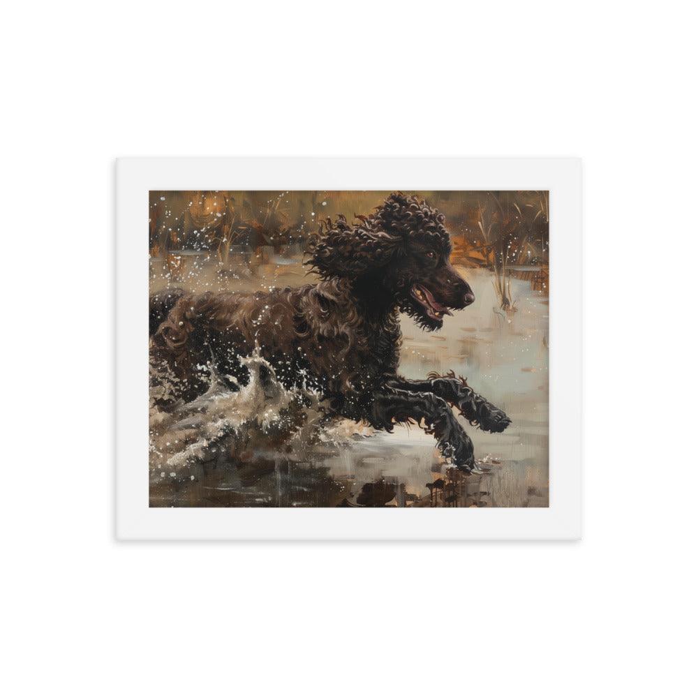 Irish Water Spaniel Splashing in Lake Art Framed Poster - Oh Posters