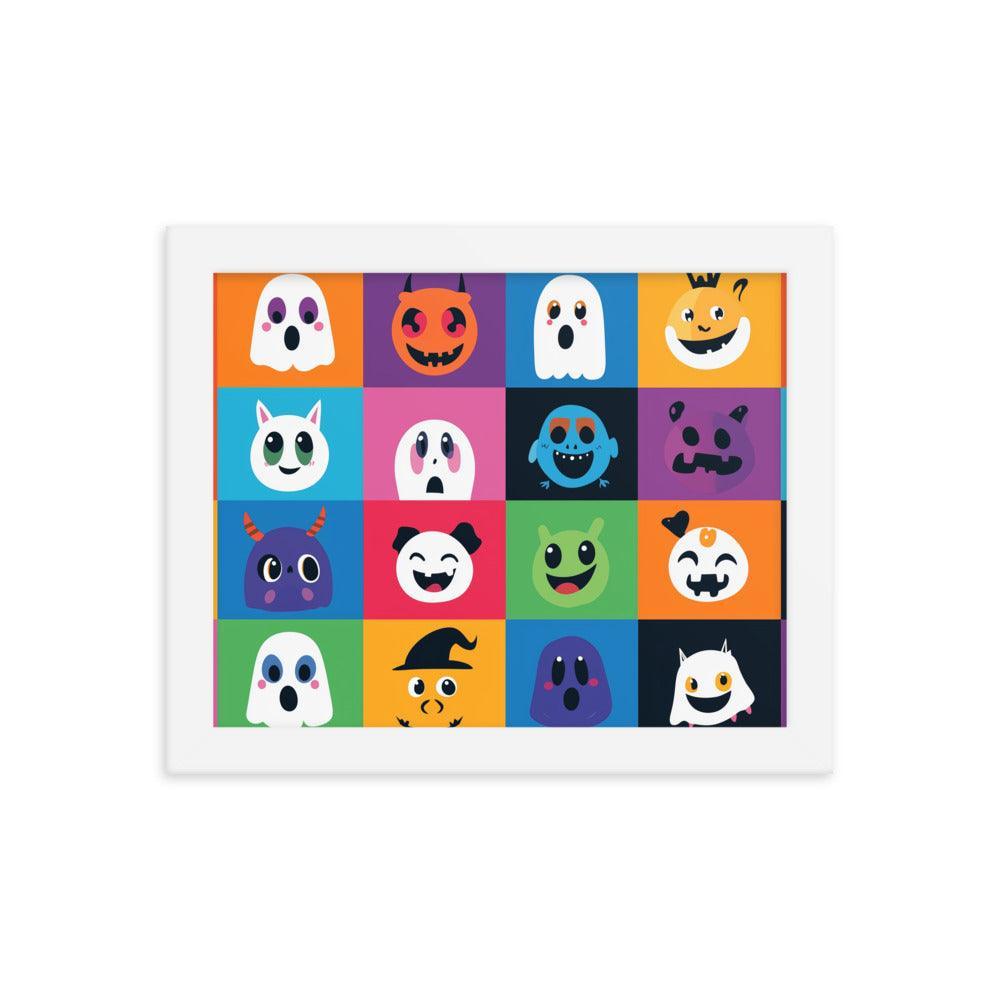 Cheerful Halloween Ghosts and Pumpkins Cartoon Faces Framed Poster - Oh Posters