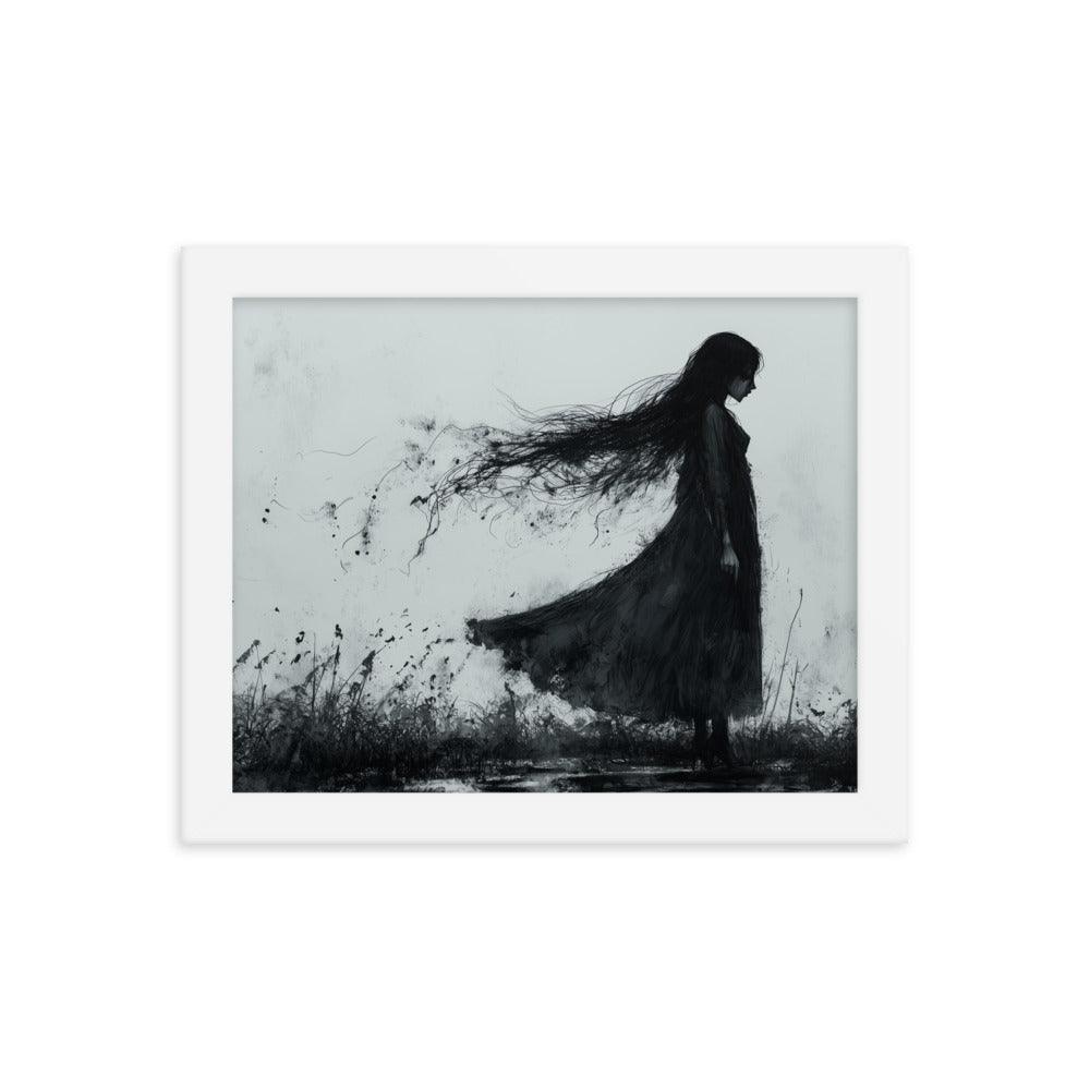 Dark Silhouette Woman in Gloomy Field Ink Illustration Framed Poster - Oh Posters