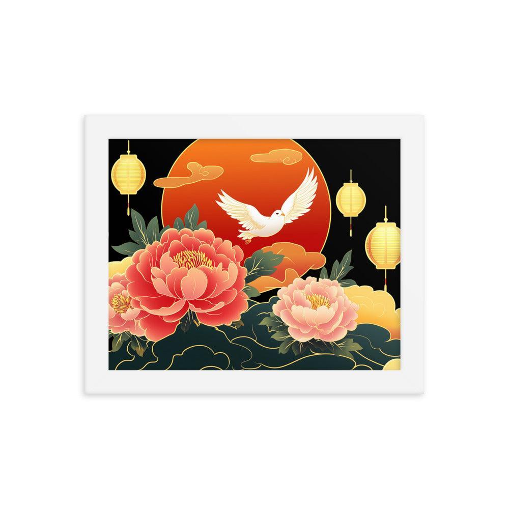 Chinese Traditional Floral Design with Lanterns and Dove Illustration Framed Poster - Oh Posters