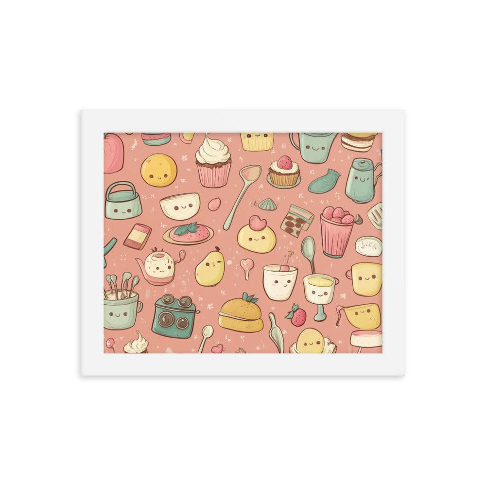 Kawaii Food and Kitchen Utensils Cute Doodle Pattern Framed Poster - Oh Posters