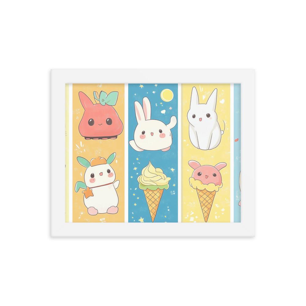 Kawaii Bunnies and Ice Cream Cute Character Strip Digital Art Framed Poster - Oh Posters