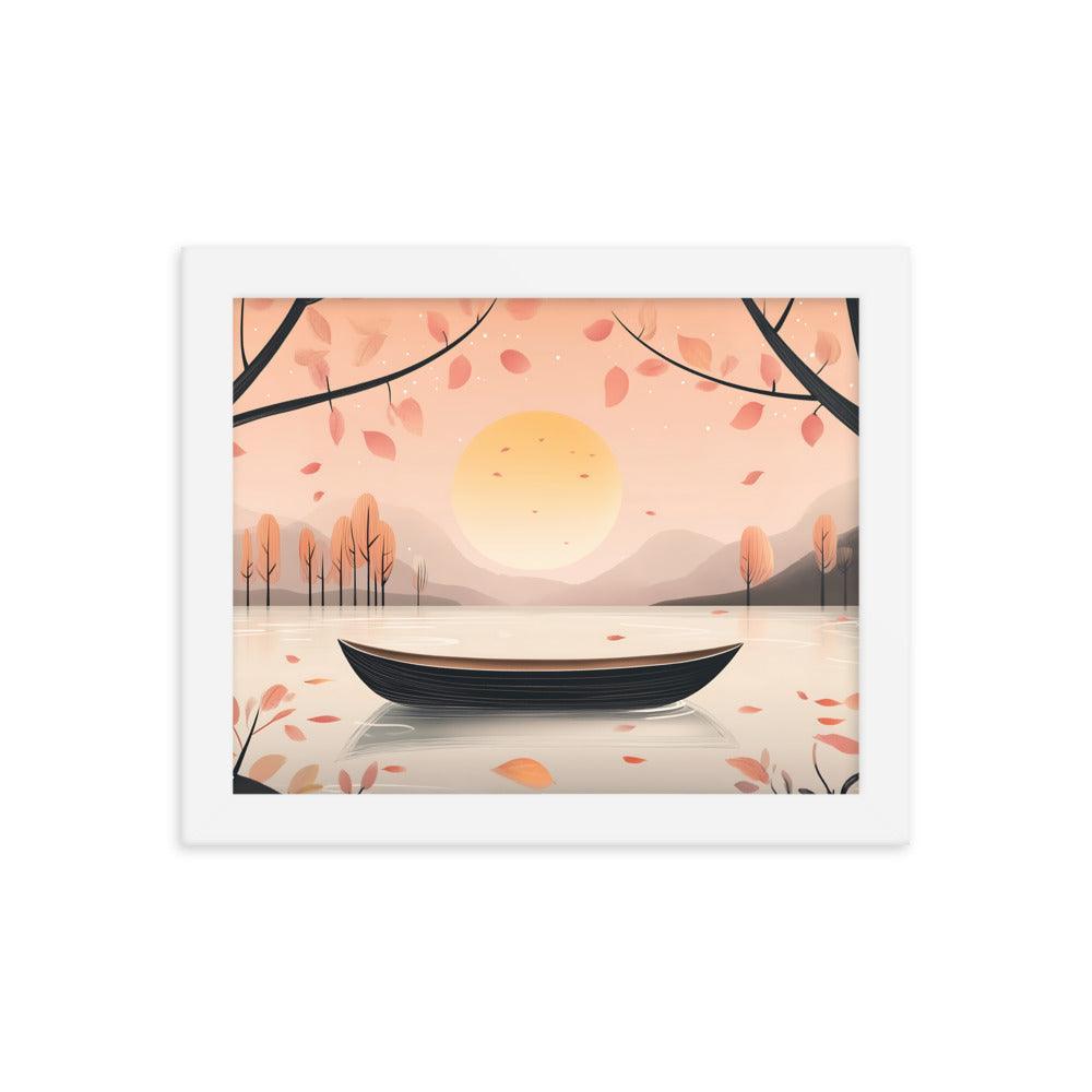 Peaceful Autumn Lake Scene with Soft Sunset and Falling Leaves Framed Poster - Oh Posters