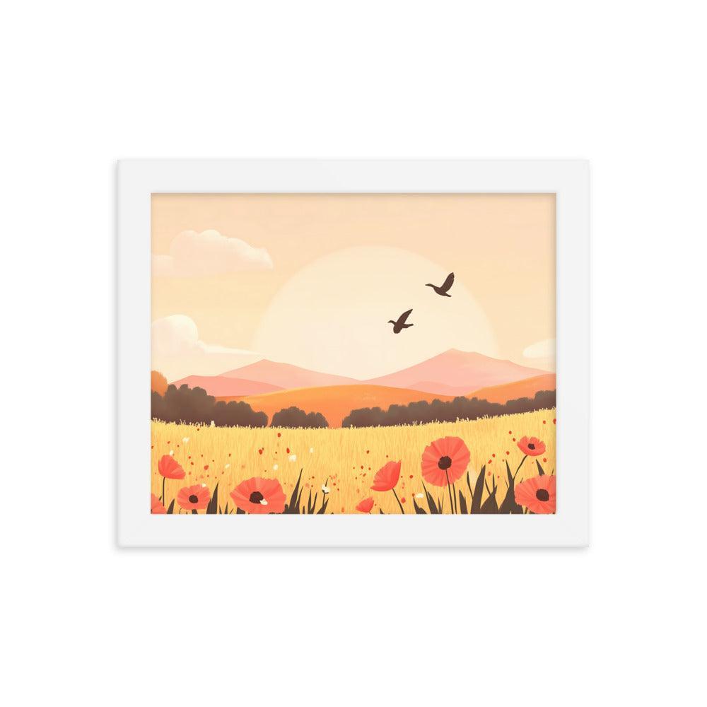 Sunset Field with Poppies and Birds in Pastel Landscape Framed Poster - Oh Posters