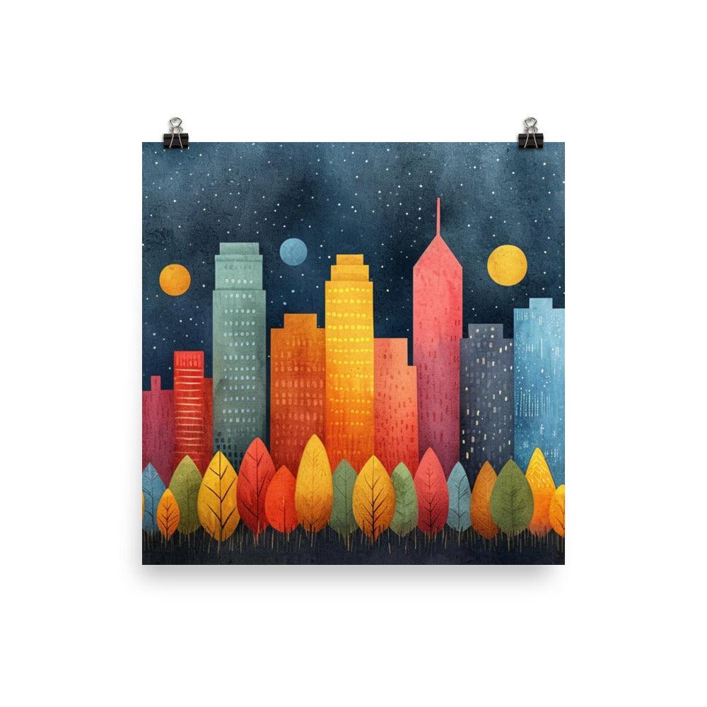 Colorful City Skyline with Night Sky Drawing Style Poster - Oh Posters