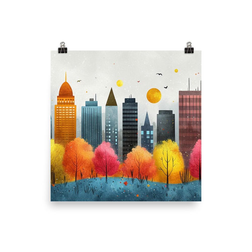 Colorful City Skyline with Cloudy Sky Drawing Style Poster - Oh Posters