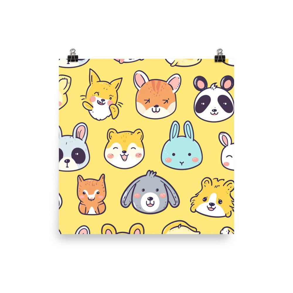 Kawaii Animal Faces Cute and Colorful Collection on Yellow Poster - Oh Posters