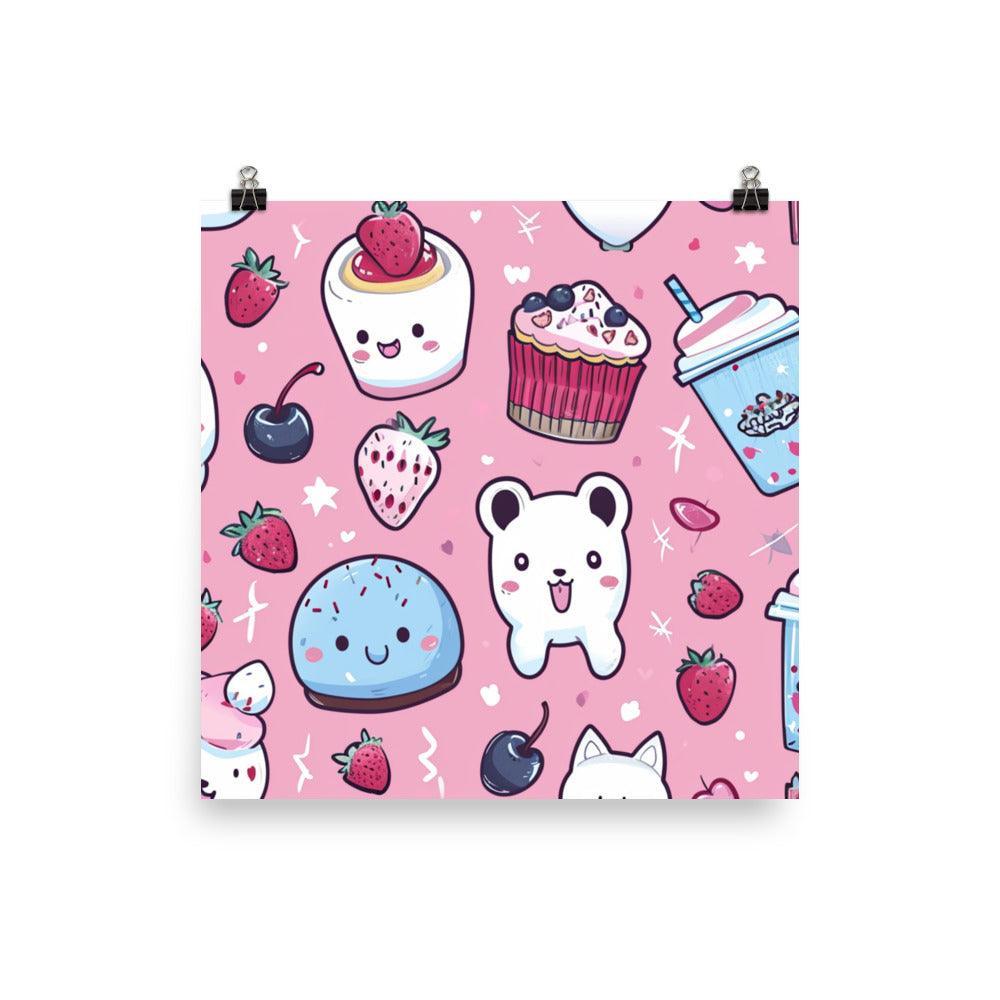 Kawaii Desserts and Beverages Adorable Characters Pattern on Pink Poster - Oh Posters