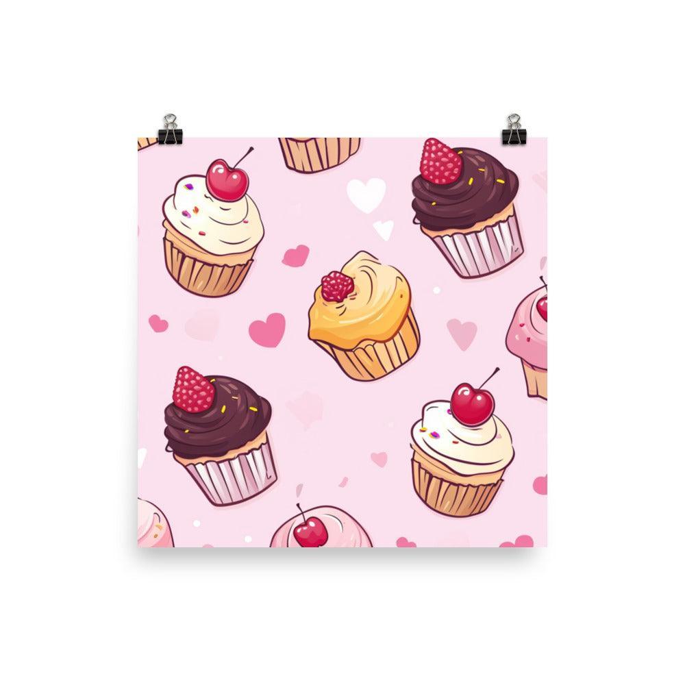 Kawaii Cute Cupcakes with Hearts Pattern on Pink Poster - Oh Posters