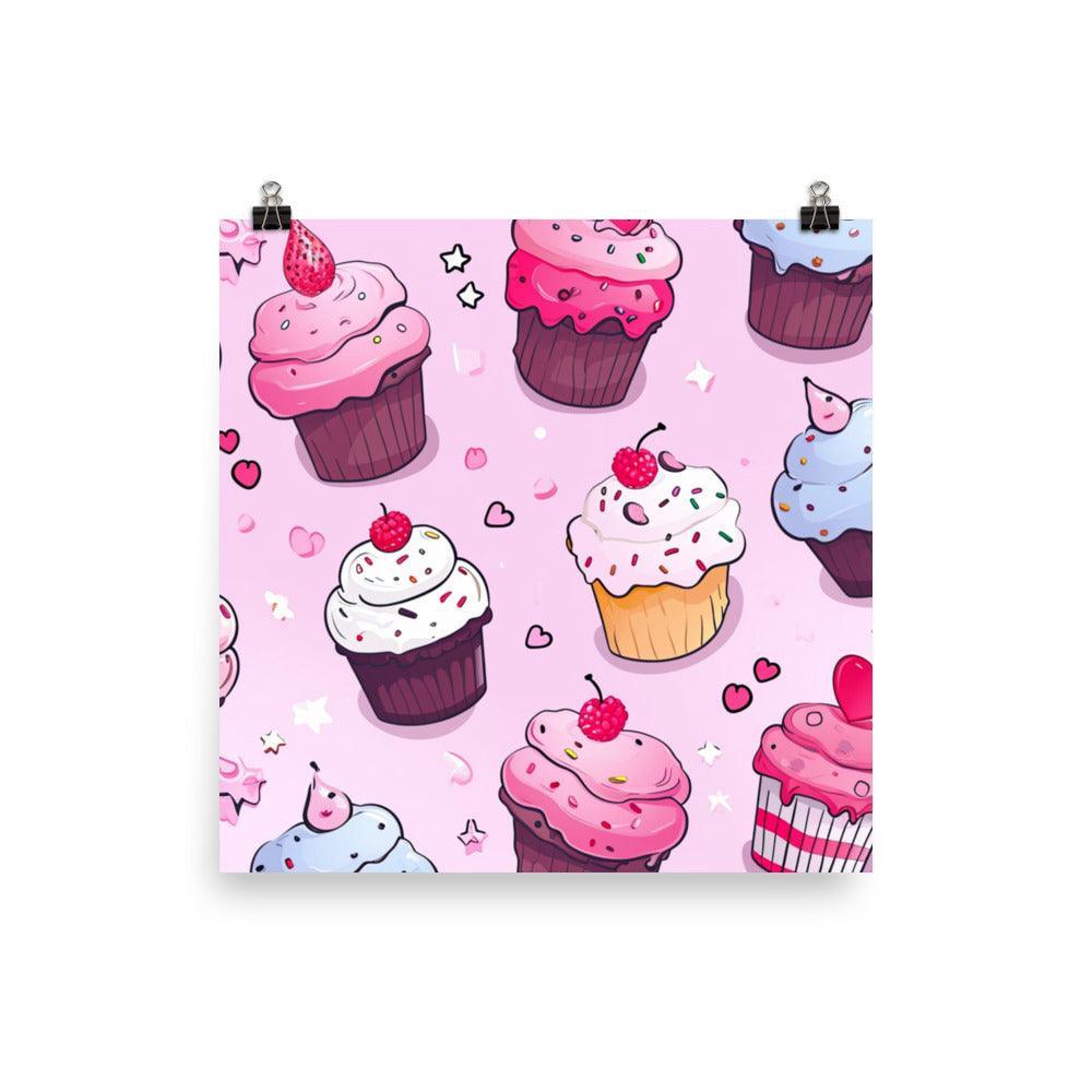 Delightful Kawaii Cupcakes with Sprinkles and Hearts Pattern on Pink Poster - Oh Posters