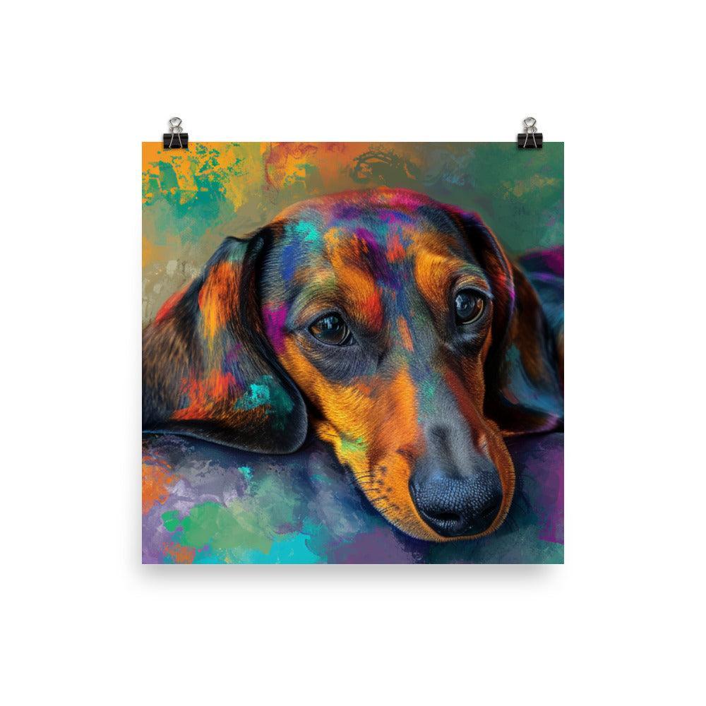 Smooth-Haired Dachshund on Colorful Abstract Art Background Poster - Oh Posters