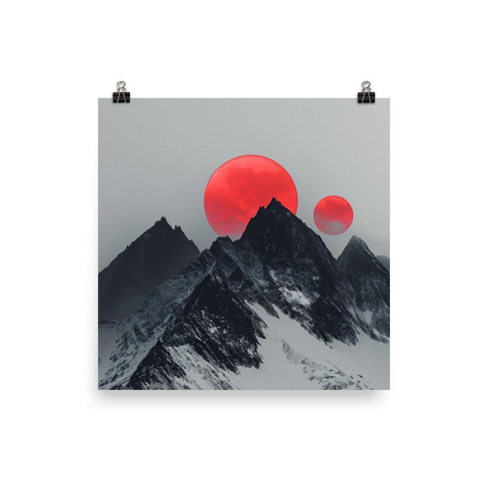 Extraterrestrial Red Moons Over Snowy Mountains Surreal Art Poster - Oh Posters