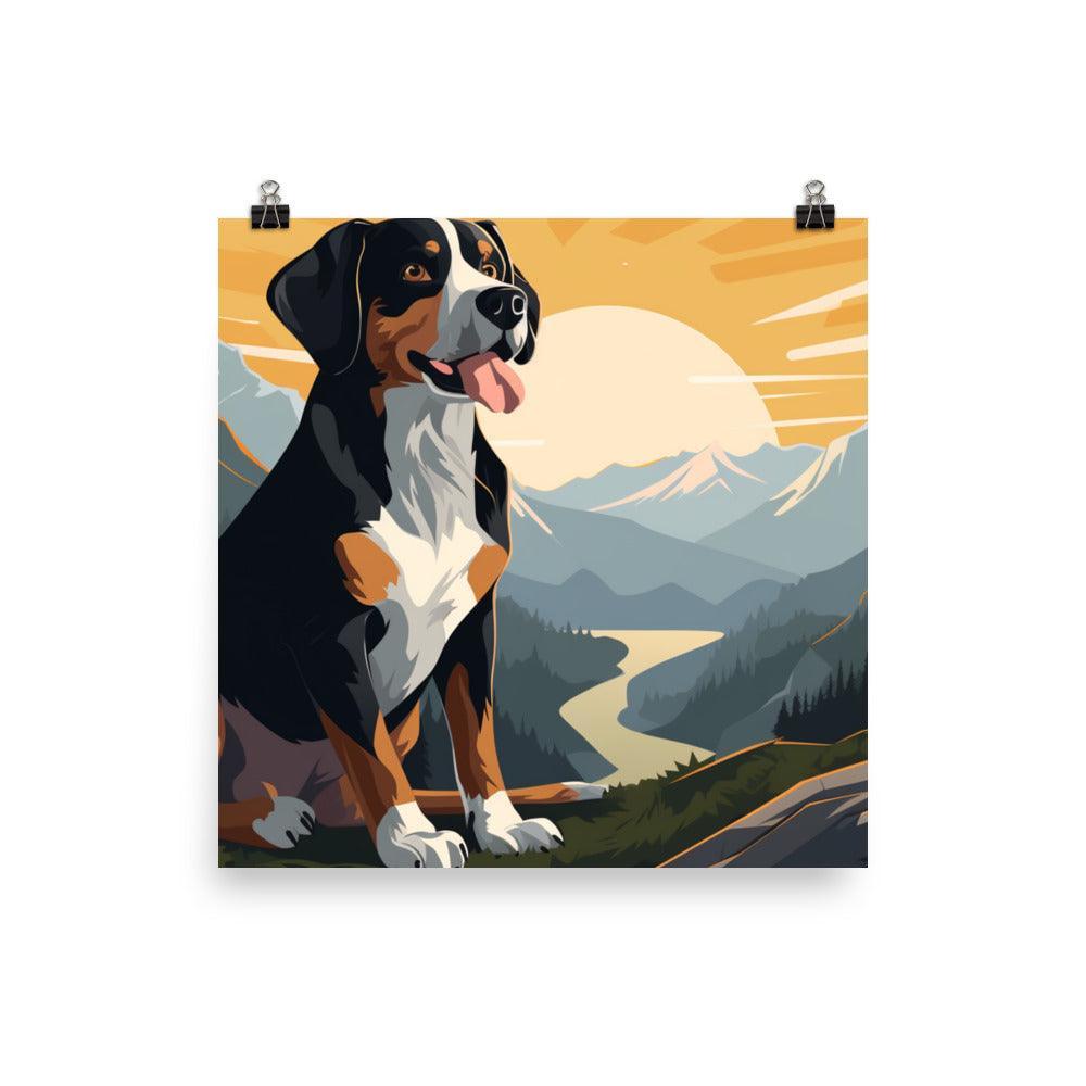 Entlebucher Mountain Dog Sunset Cartoon Scenery Poster - Oh Posters