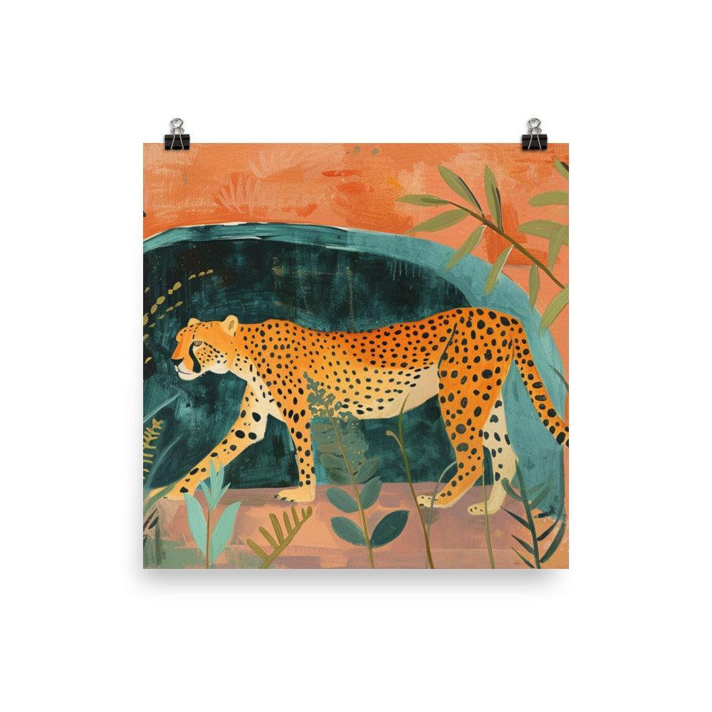 Serene Cheetah Orange Hues Nature Painting Poster - Oh Posters