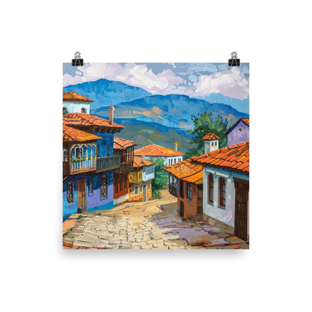 Bulgarian Village Blue Houses Oil Painting Poster - Oh Posters