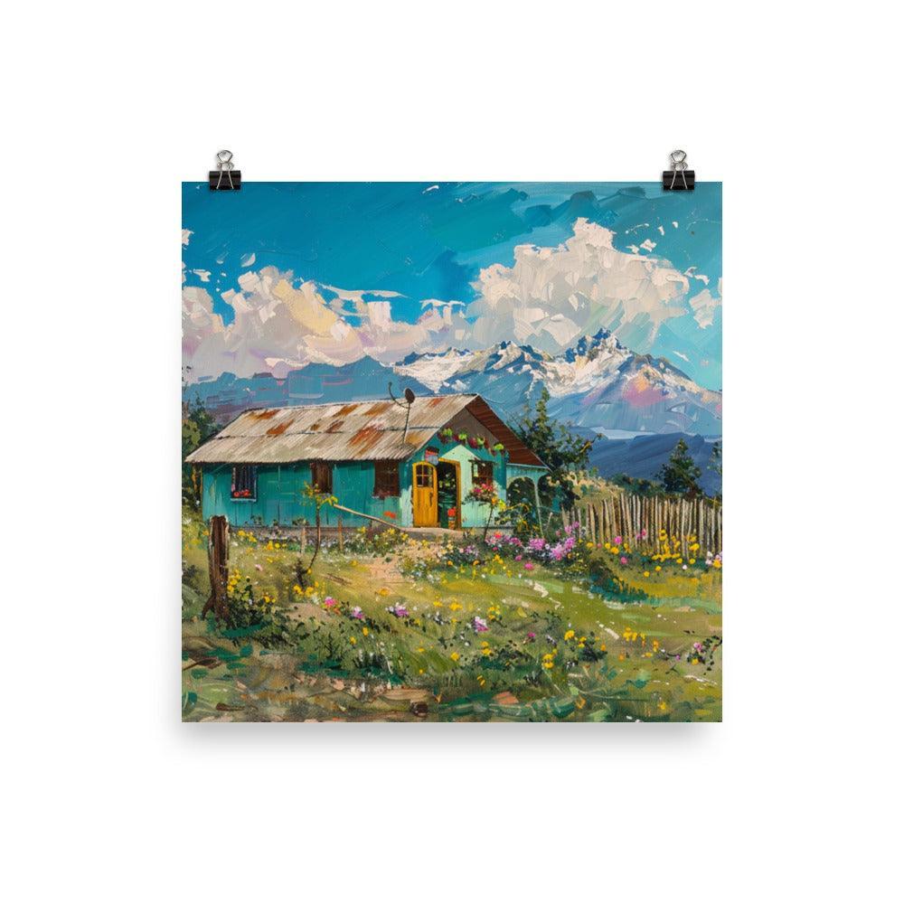 Chile Scenic Mountain Landscape with Colorful Cabin Oil Painting Poster - Oh Posters