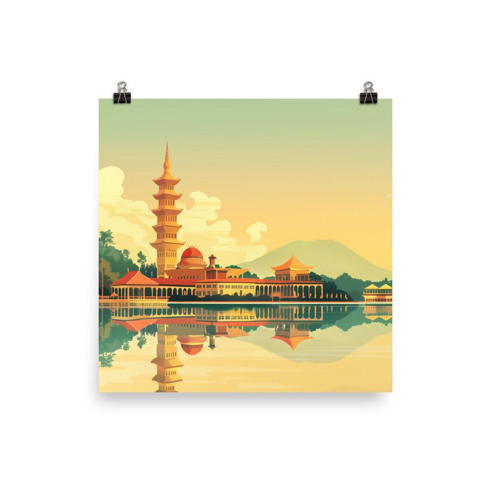 Malaysia Tranquil Pagoda Lakeside Reflection Poster - Oh Posters