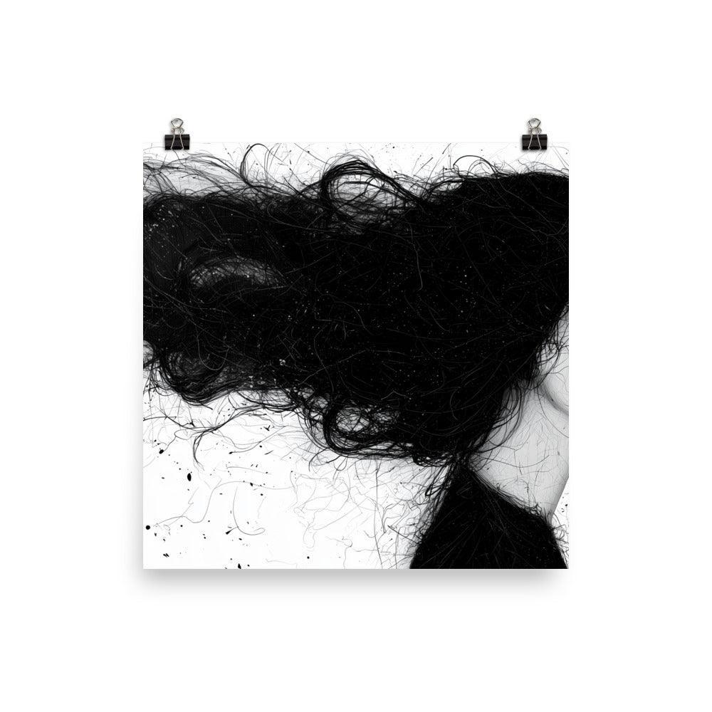 Female Silhouette with Dramatic Hair Flow Black and White Sketch Poster - Oh Posters