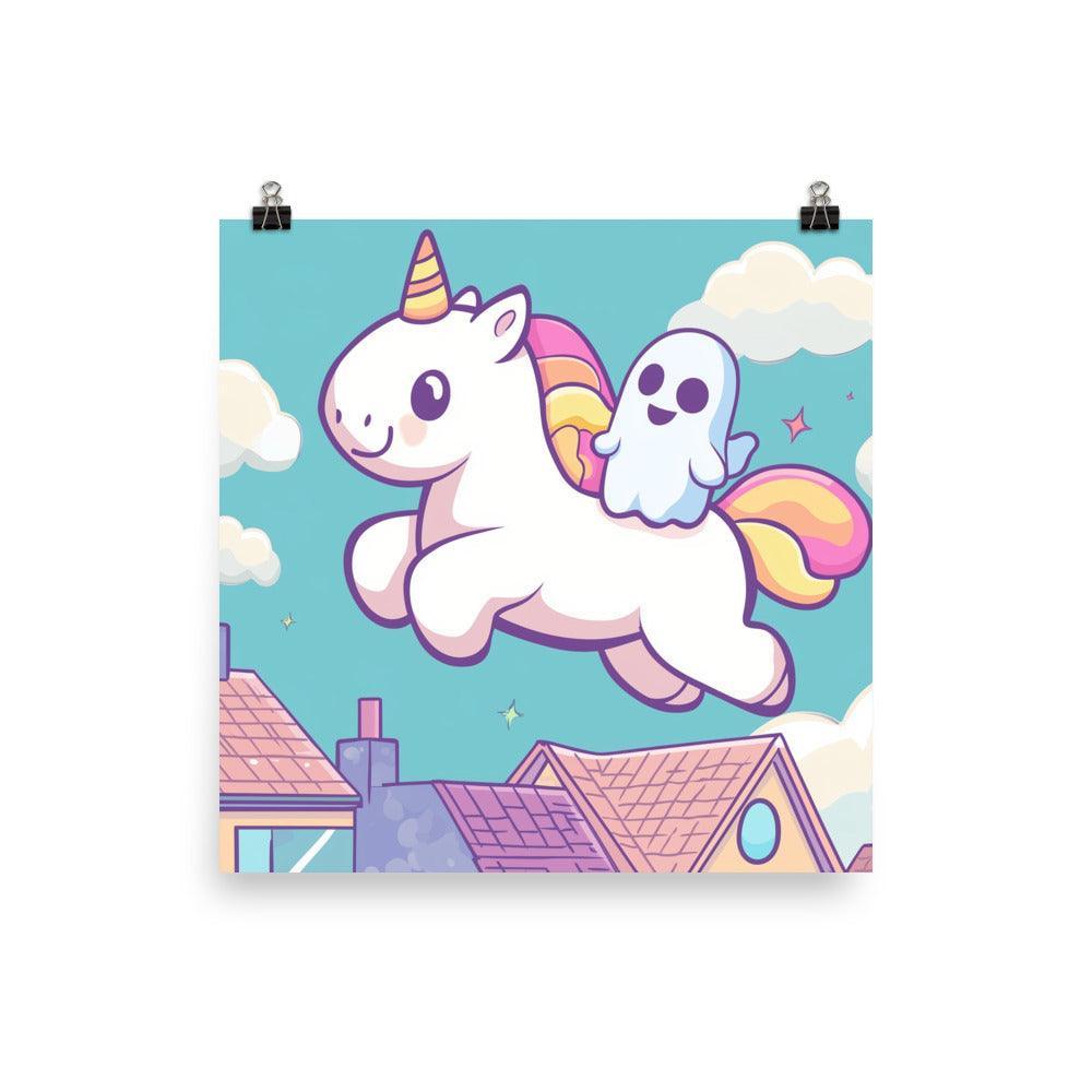 Kawaii Unicorn and Ghost Floating Above Colorful Town Digital Art Poster - Oh Posters