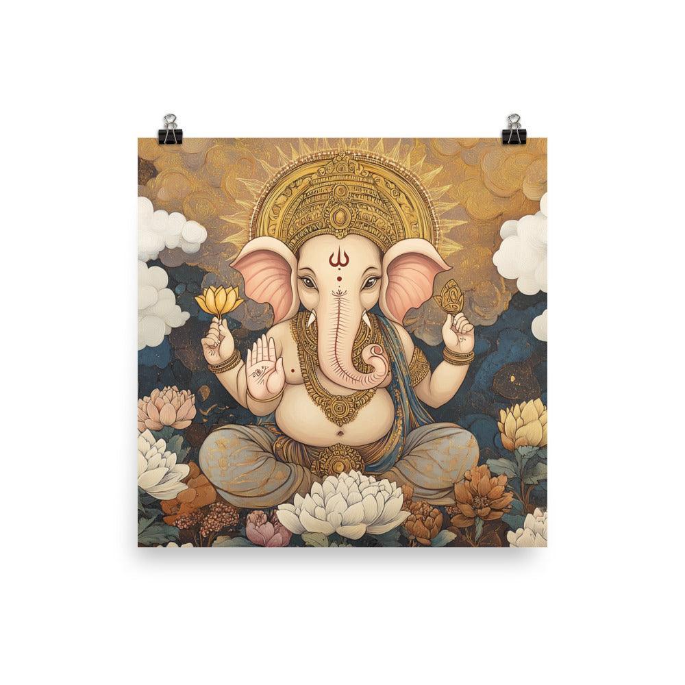 Ganesh with Lotus and Clouds Serene Indian Mythological Art Poster - Oh Posters