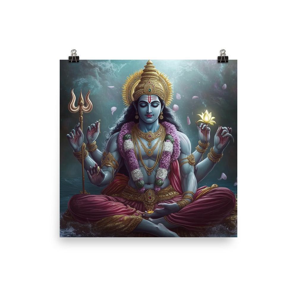 Meditative Vishnu with Trident and Lotus Divine Cosmic Illustration Poster - Oh Posters