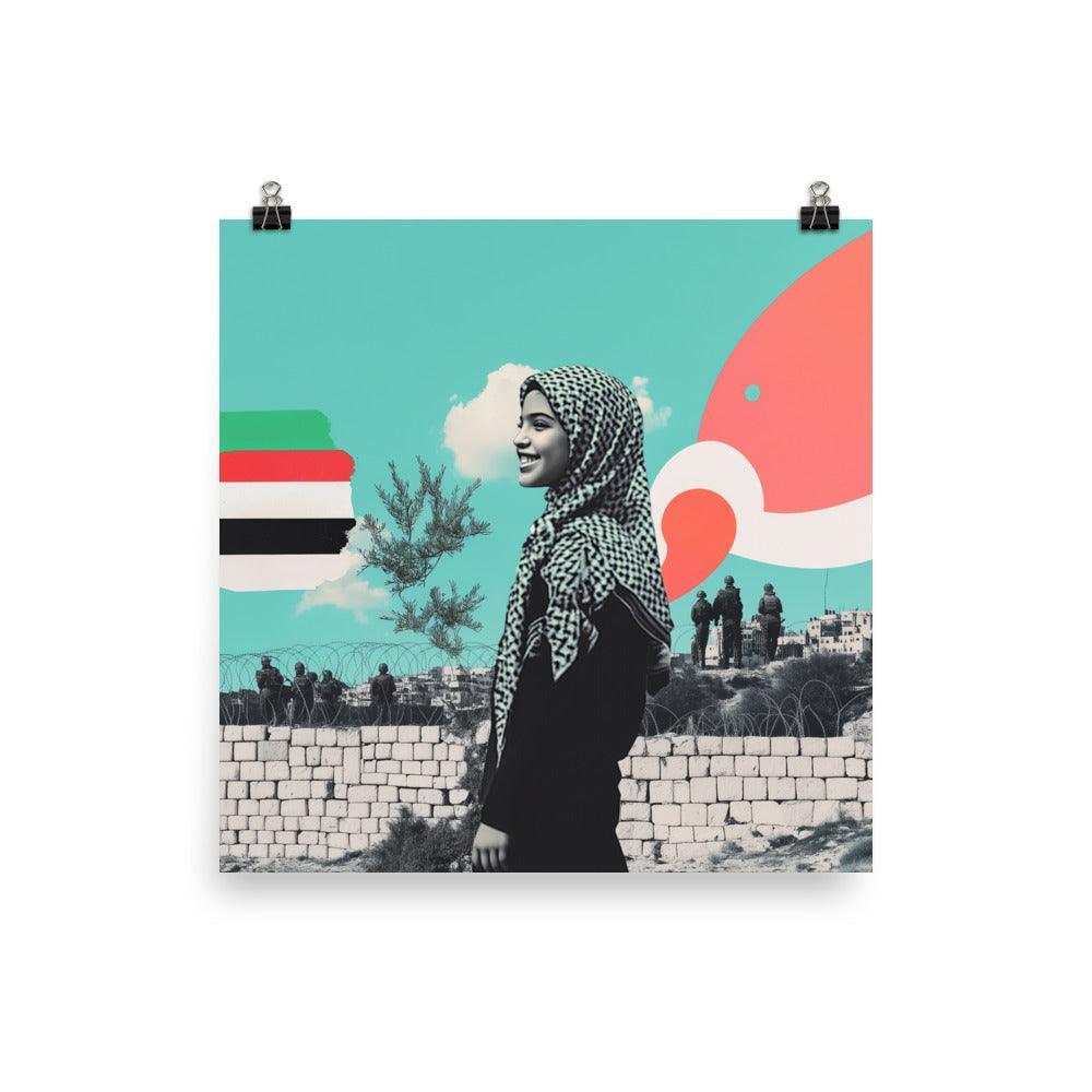 Smiling Palestinian Girl in City Pop Art Collage Poster - Oh Posters