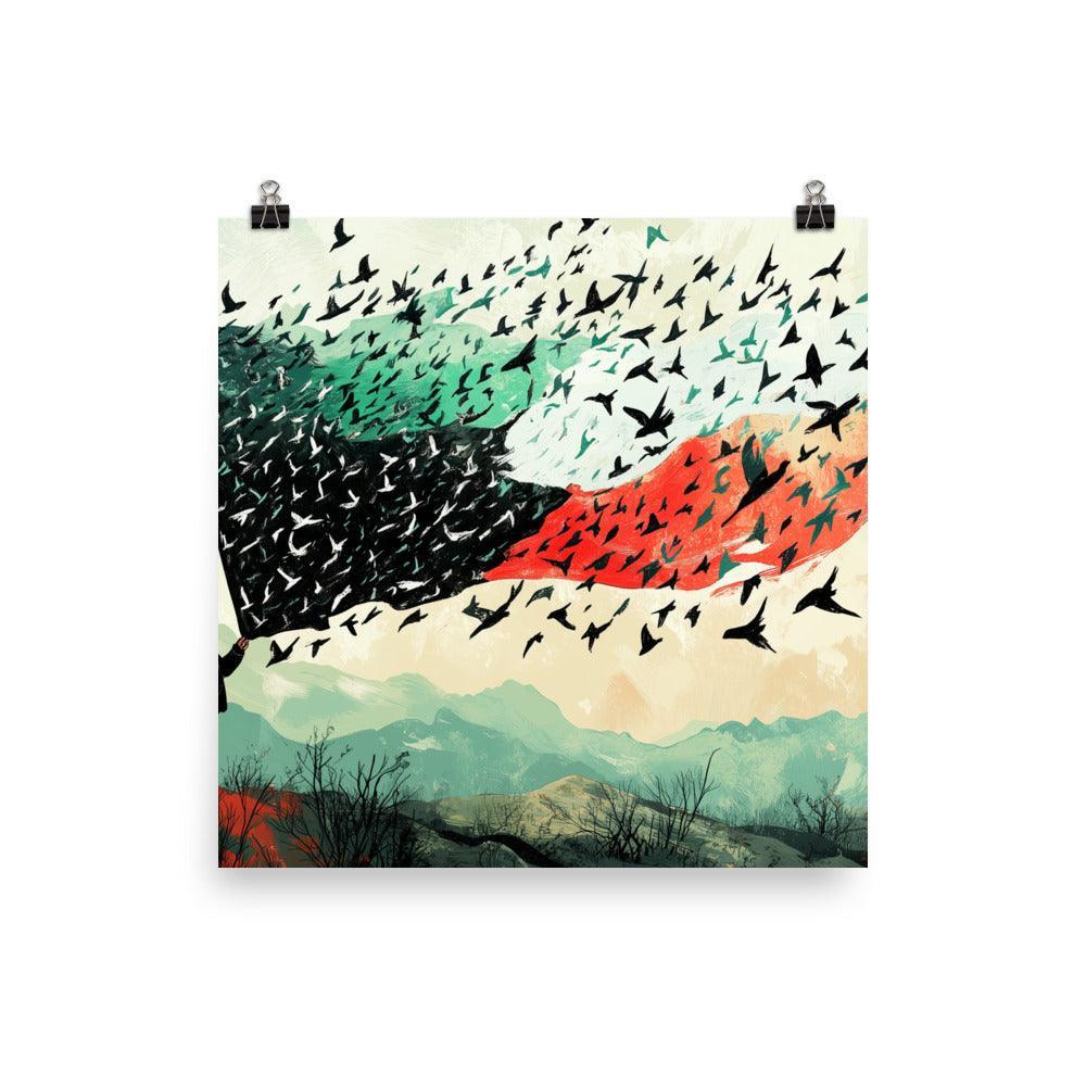 Child Holding Palestinian Flag Birds Flying Illustration Poster - Oh Posters