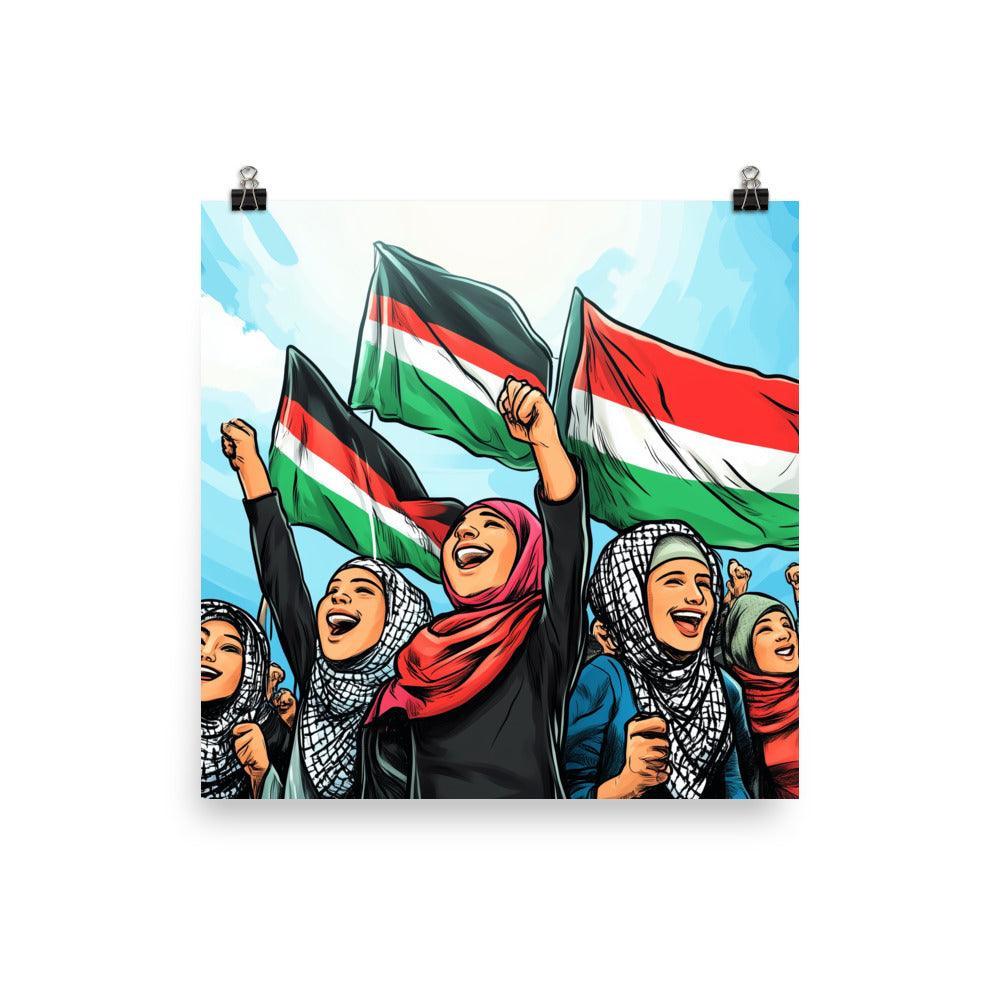 Palestinian Women Celebrating with Flags in Unity Poster - Oh Posters