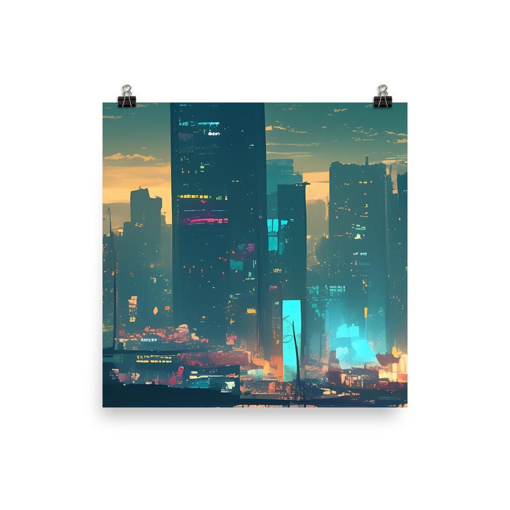 Evening Skyline with Skyscrapers and Warm Glow Futuristic Digital Art Poster - Oh Posters