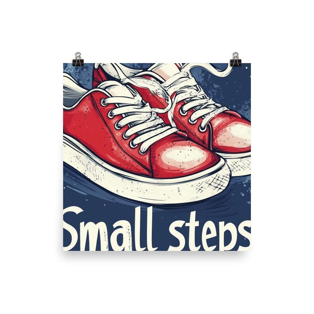 Small Steps Big Results Red Sneakers on Blue Background Poster - Oh Posters