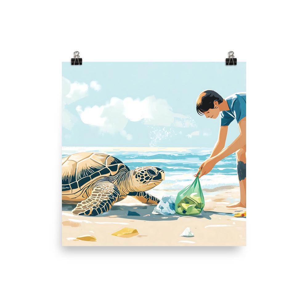 Beach Cleanup Turtle Teamwork Protecting Ocean Wildlife Together Poster - Oh Posters