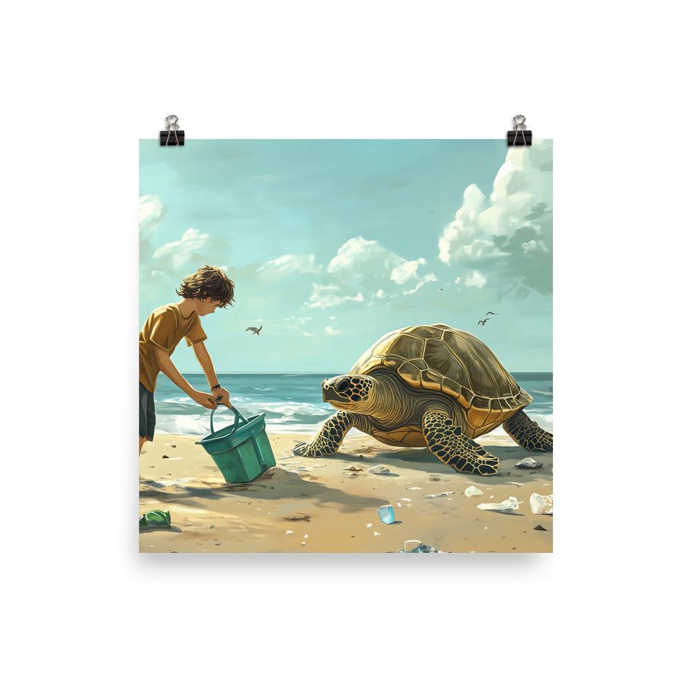 Beach Cleanup Turtle and Kid Inspiring Coastal Conservation Art Poster - Oh Posters