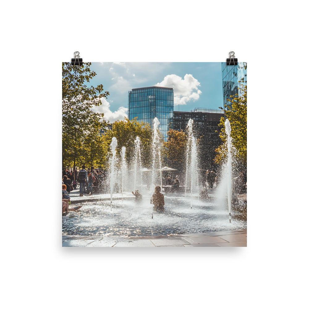 Vibrant Manchester Cityscape with Fountains and Urban Charm Poster - Oh Posters