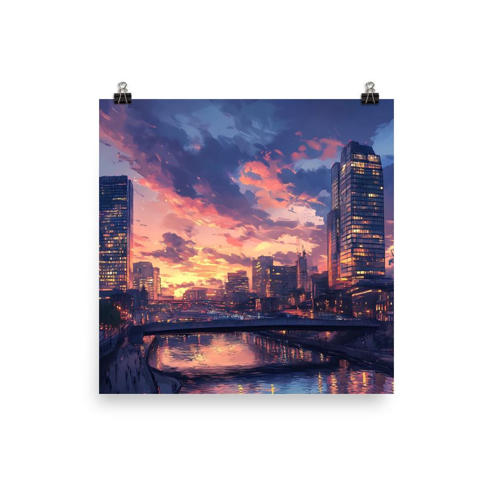Manchester Skyline at Sunset Reflection Over River Urban Cityscape Poster - Oh Posters