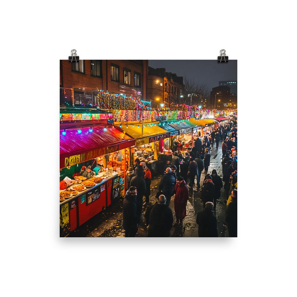 Vibrant Manchester Night Market Scene Poster - Oh Posters