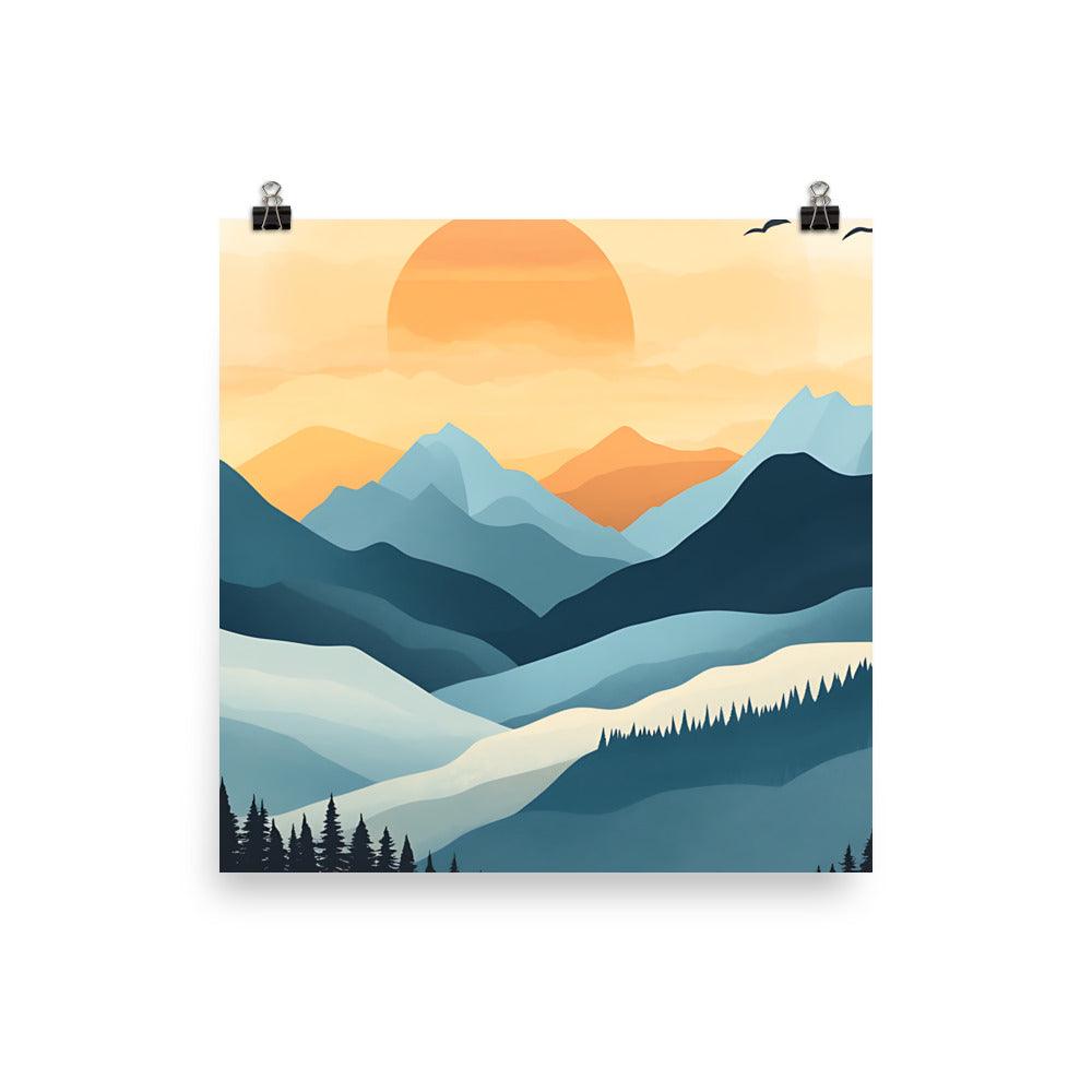 Boho Mountain Sunset Landscape with Birds and Forest Silhouette Poster - Oh Posters