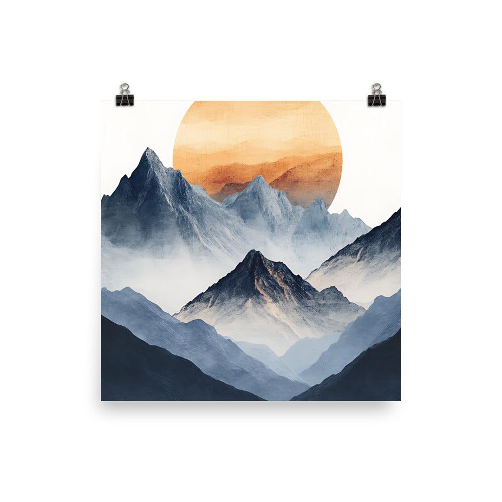 Boho Mountain Sunrise with Serene Peaks and Warm Sun Poster - Oh Posters