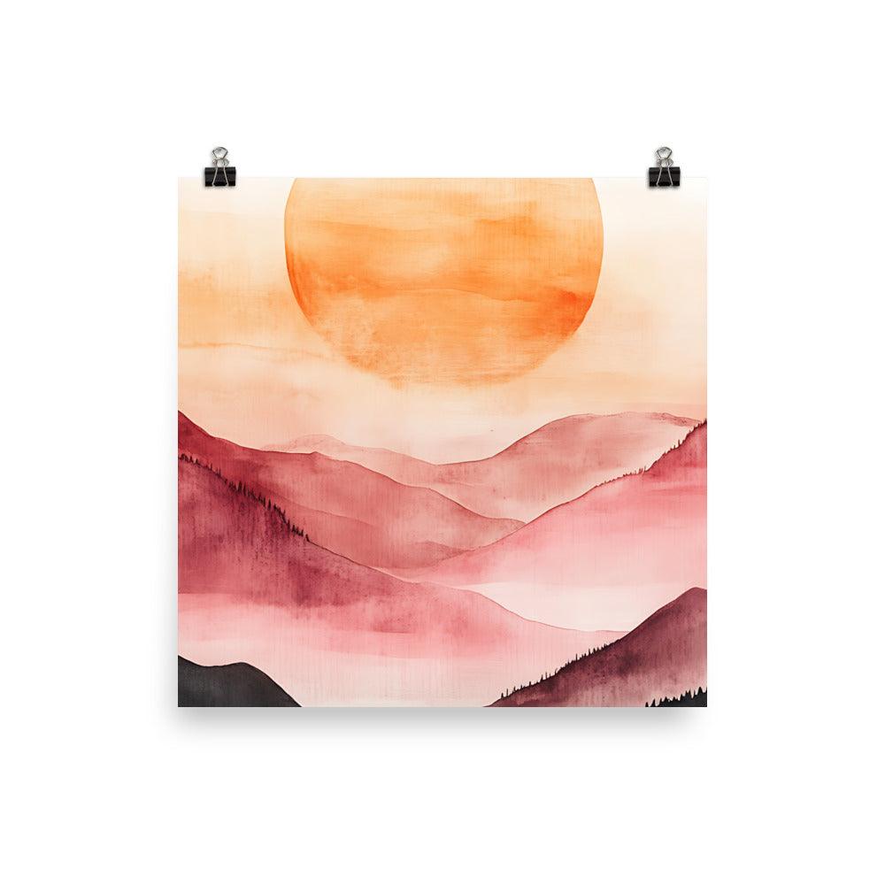 Boho Sunset Over Misty Mountains with Warm Hues Poster - Oh Posters