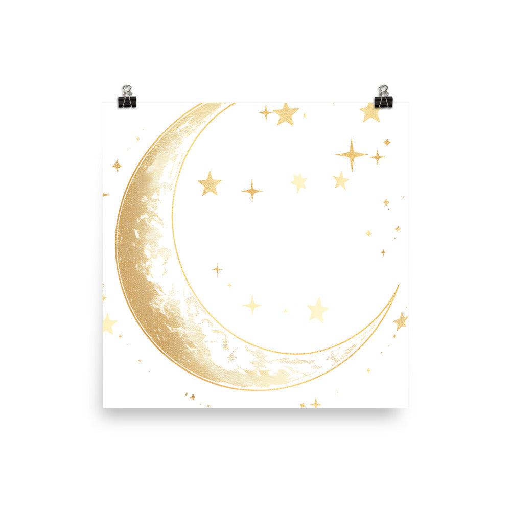 Boho Crescent Moon and Stars in Golden Glow Poster - Oh Posters