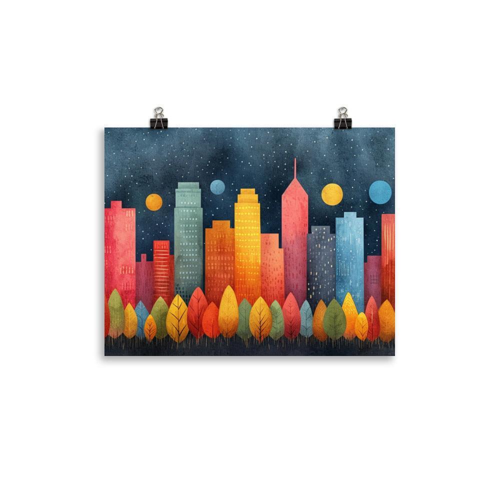 Colorful City Skyline with Night Sky Drawing Style Poster - Oh Posters