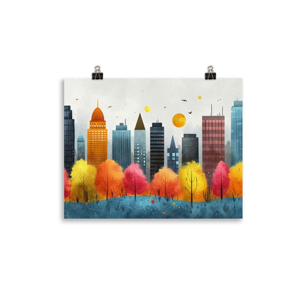 Colorful City Skyline with Cloudy Sky Drawing Style Poster - Oh Posters