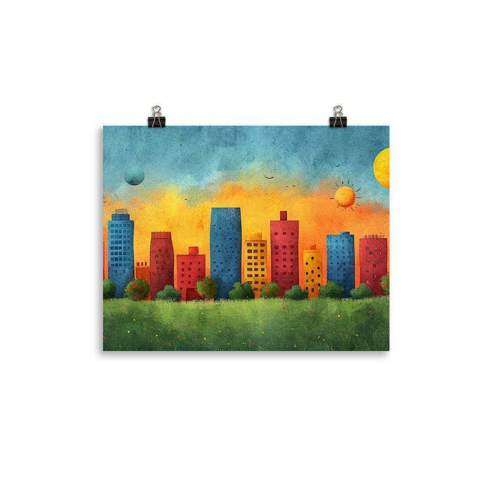 Colorful Urban City Skyline with Sunny Sky Drawing Style Poster - Oh Posters