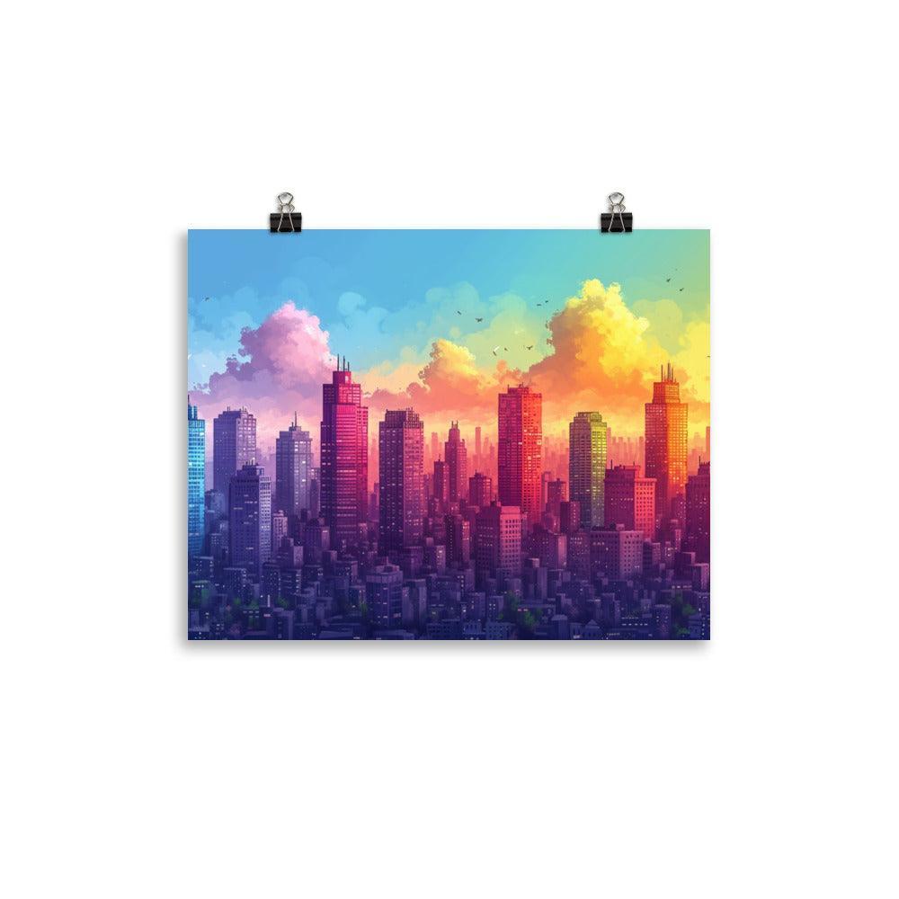 Colorful Mega City Skyline with Sunrise Sky Drawing Style Poster - Oh Posters