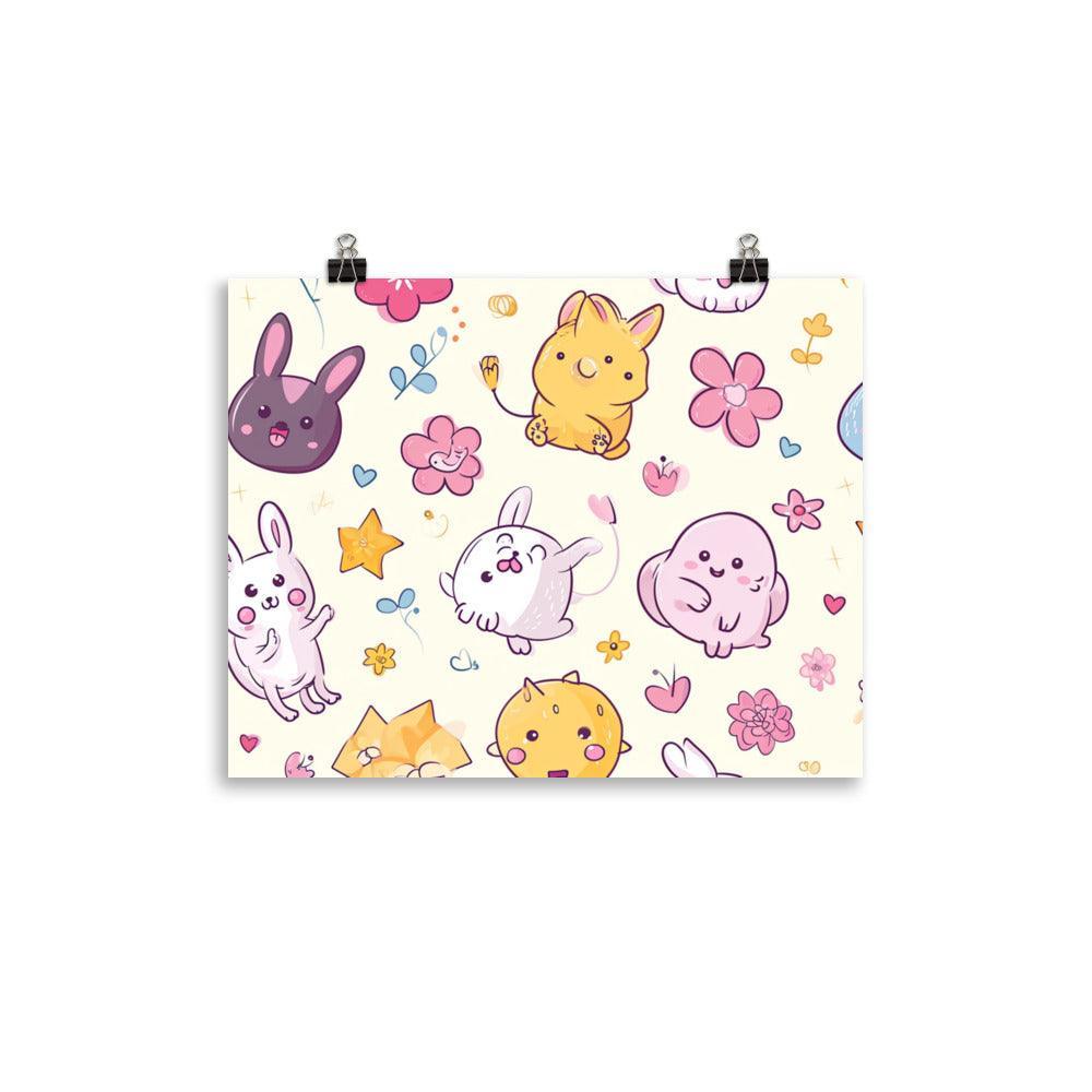 Kawaii Abstract Animals and Flowers on Pastel Wonderland Poster - Oh Posters