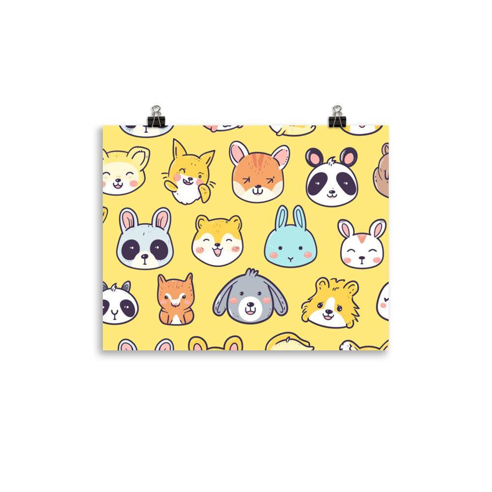 Kawaii Animal Faces Cute and Colorful Collection on Yellow Poster - Oh Posters