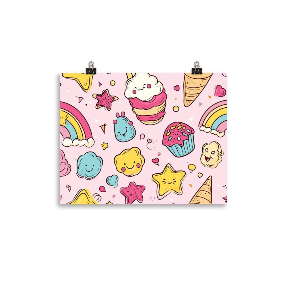 Kawaii Sweet Treats and Rainbows Pattern Cute Illustration on Pink Poster - Oh Posters