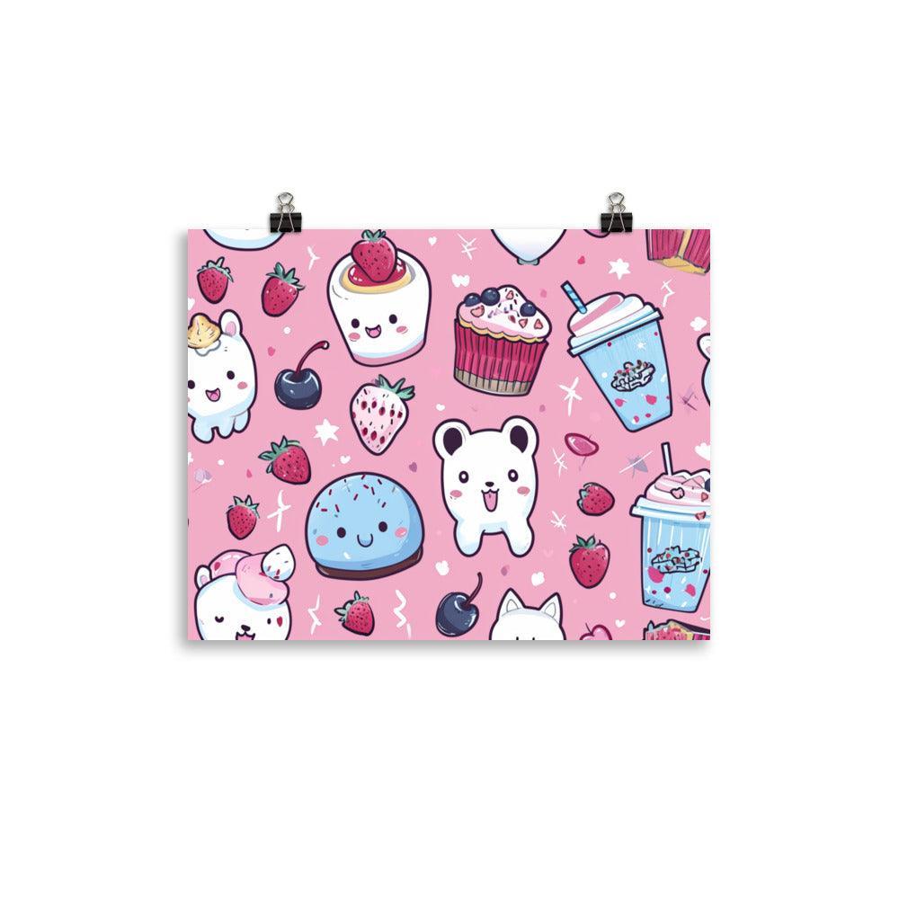 Kawaii Desserts and Beverages Adorable Characters Pattern on Pink Poster - Oh Posters