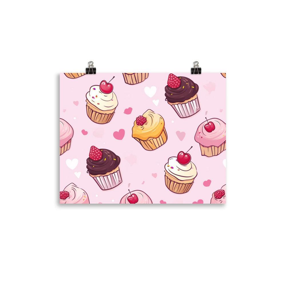 Kawaii Cute Cupcakes with Hearts Pattern on Pink Poster - Oh Posters