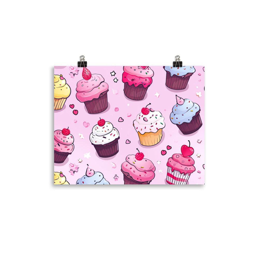 Delightful Kawaii Cupcakes with Sprinkles and Hearts Pattern on Pink Poster - Oh Posters