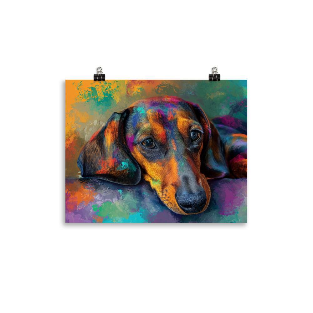 Smooth-Haired Dachshund on Colorful Abstract Art Background Poster - Oh Posters